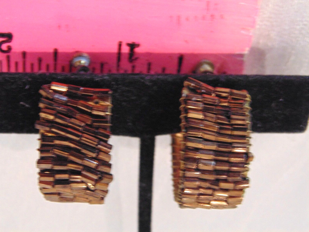 Vtg Art Deco Copper Bronze Beaded Wide Hoop Earrings Screw Back Signed